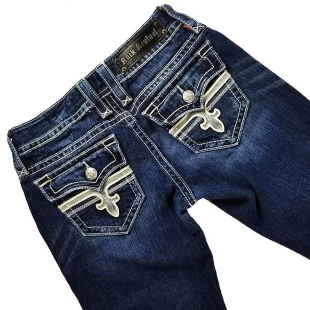 Rock Revival Tori Flap Pockets Straight Leg Distressed Stretch Dark Wash Jean 27